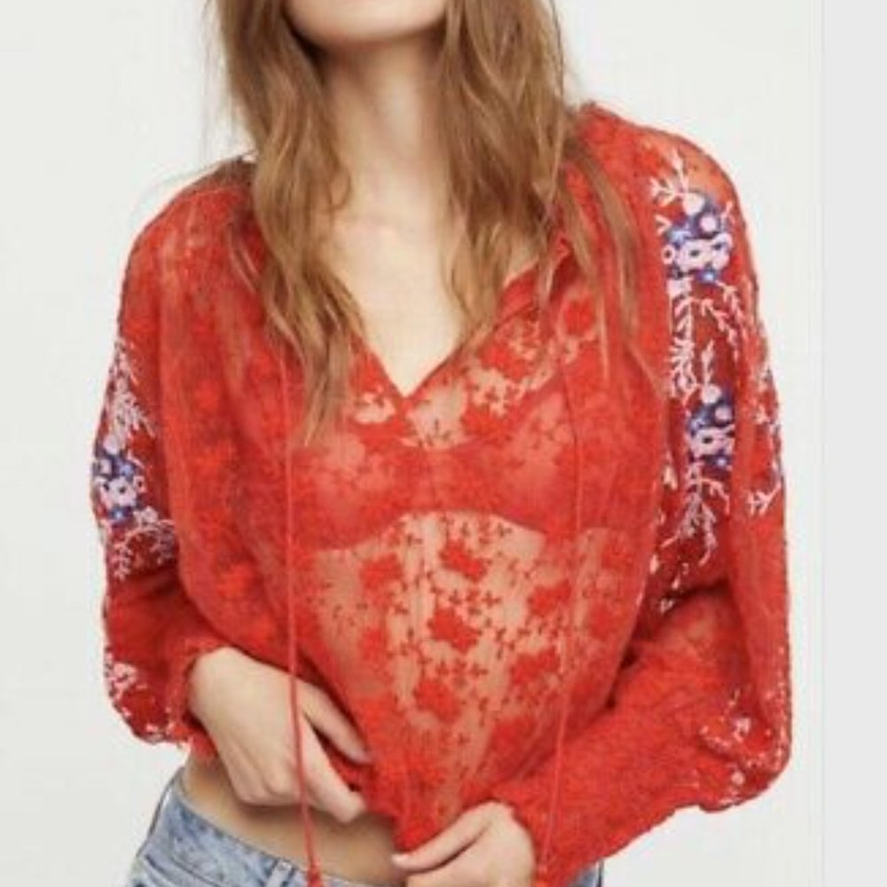 Free People Embroidered Mesh Peasant Top